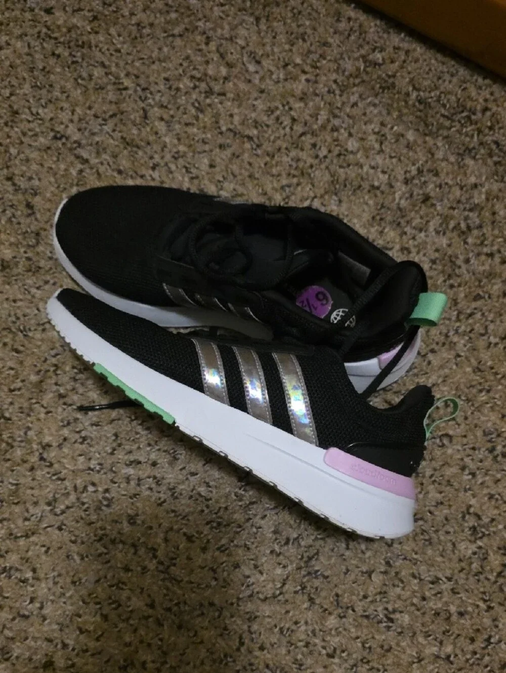 adidas Women’s Black Athletic Sneakers with Silver Stripes and Pastel Accents